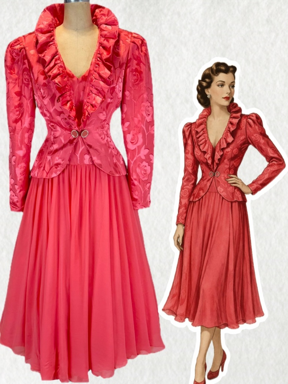 VINTAGE 80s silk formal evening dress 2 piece set jacket blazer rose damask pink